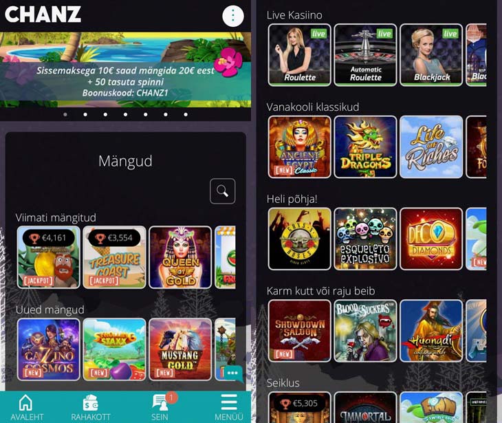 Chanz Casino on mobile.