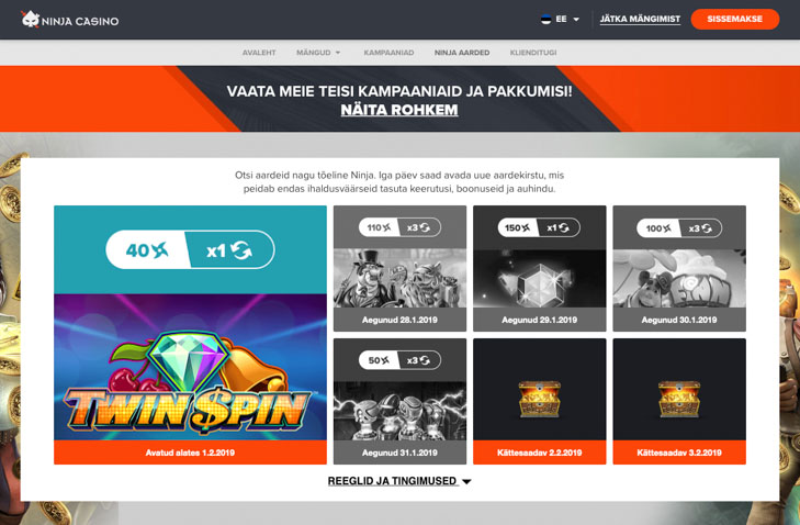Ninja Casino bonuses and promotions.